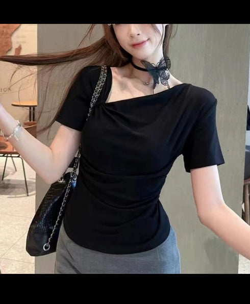 MATINEE Asymmetrical Neckline Top With Chokers